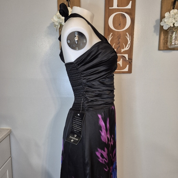 bebe Denora Bloom Silk Iris Tie Halter Silk Dress NWT - Picture 6 of 14
